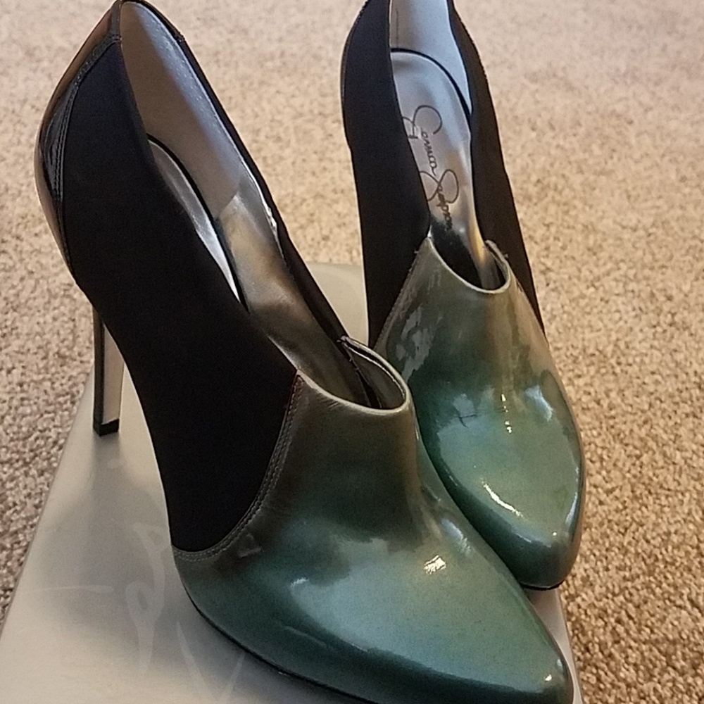 Teal and black stiletto booties